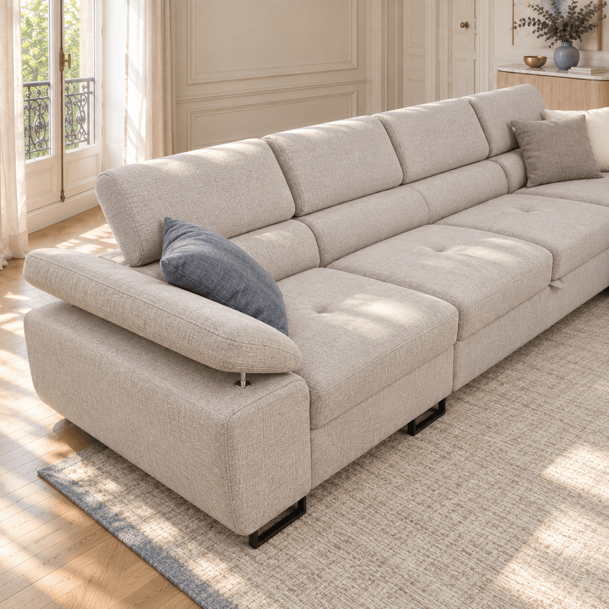 ALONSO LONG BIS BONELL w tkaninie DONN 02 — detal tapicerki